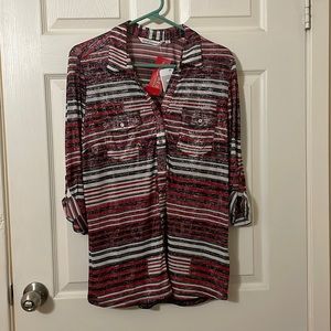 Womens Size Large, Emily Daniel’s Red, Black & White striped blouse